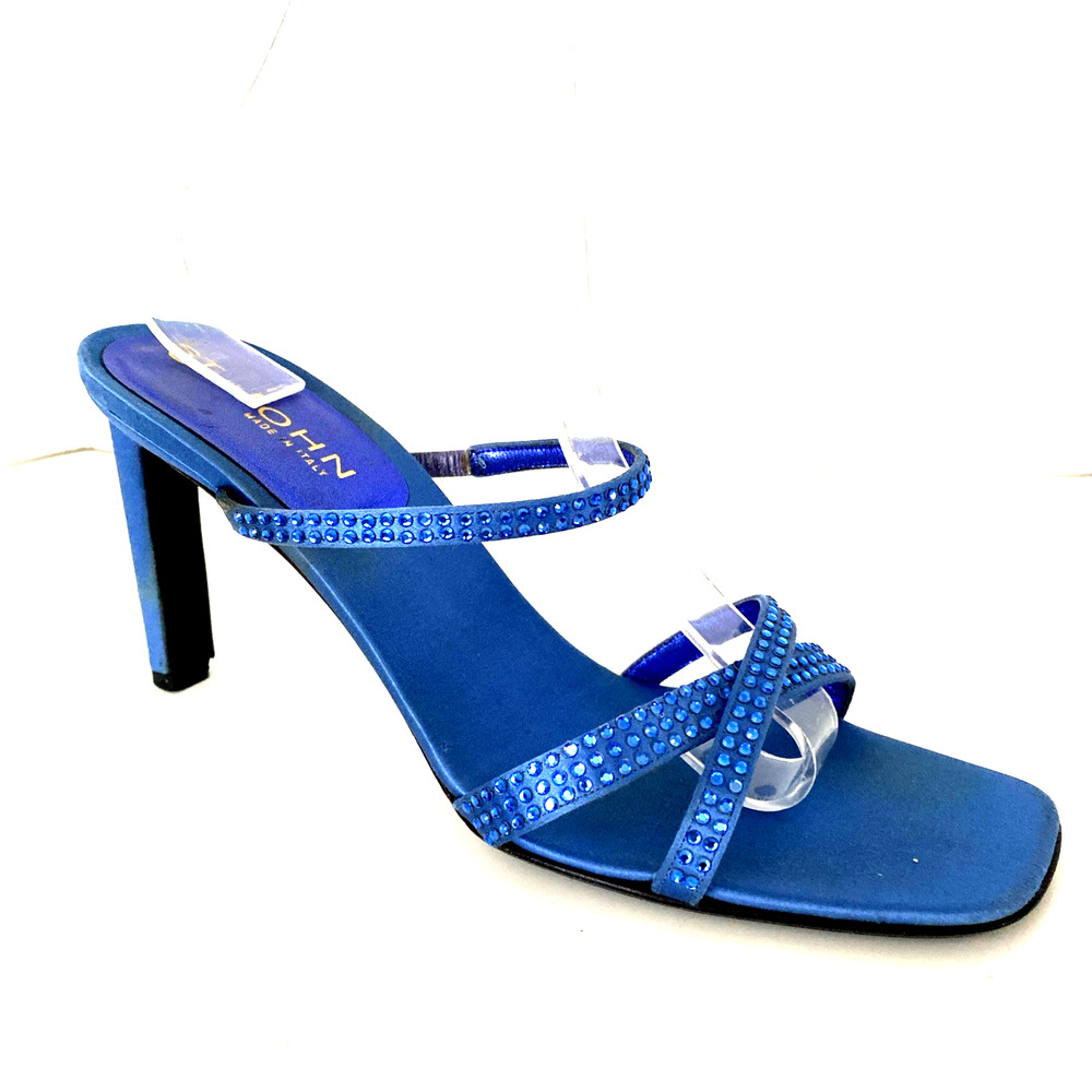 St John Sandal Slim Heel Strappy Open Toe Rhinestone Blue Criss Cross Slip On 9